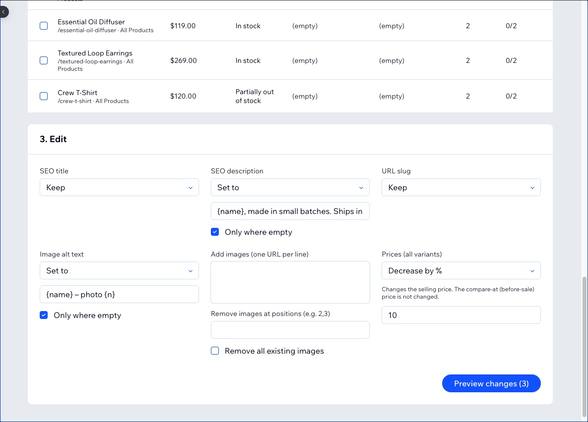 Edit panel for SEO title, description, slug, alt text, images and prices